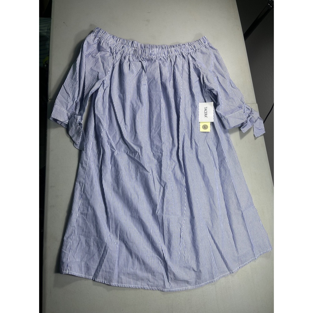 Tacera NWT Womens L Blue Stripe Off Shoulder Dress 100% Cotton Coastal Preppy